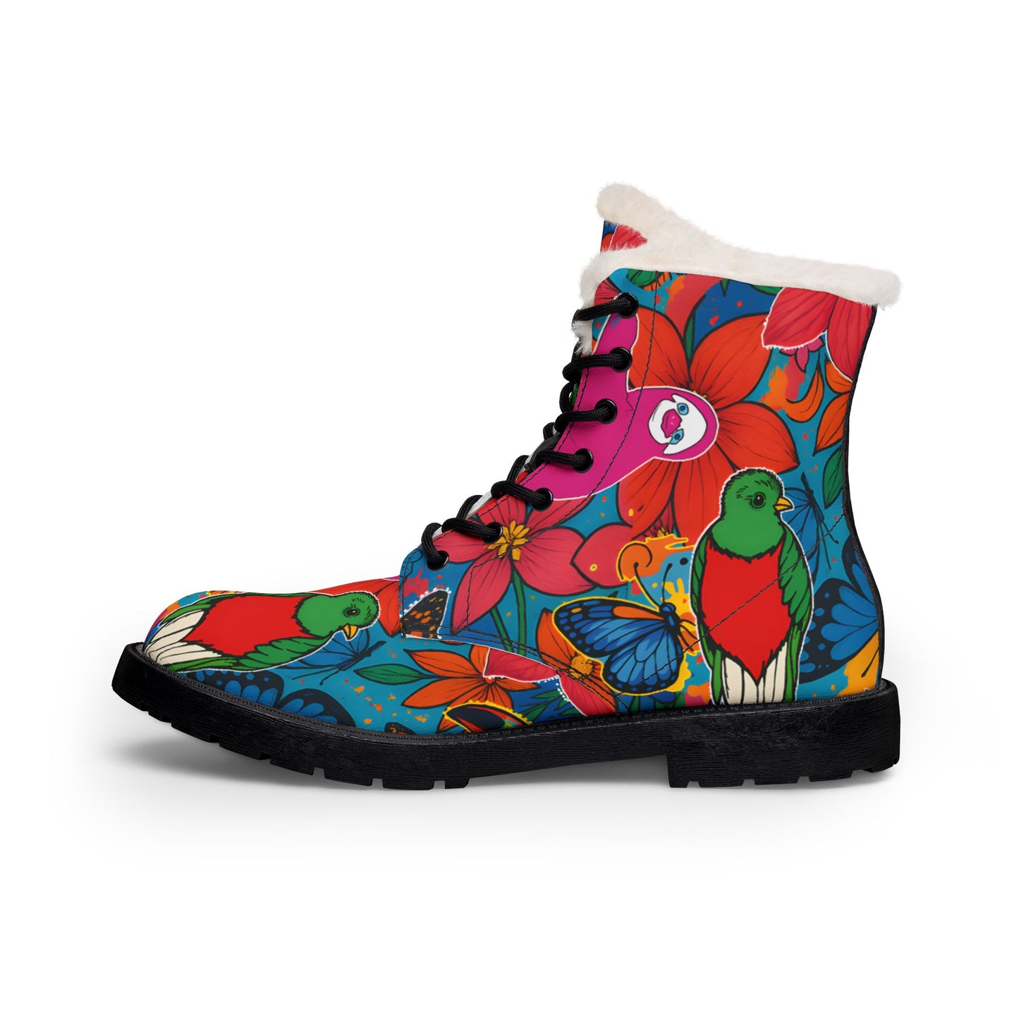 prueba_Floral Toucan Fur-Lined Leather Boots — Colorful Tropical Winter Boots for Women
