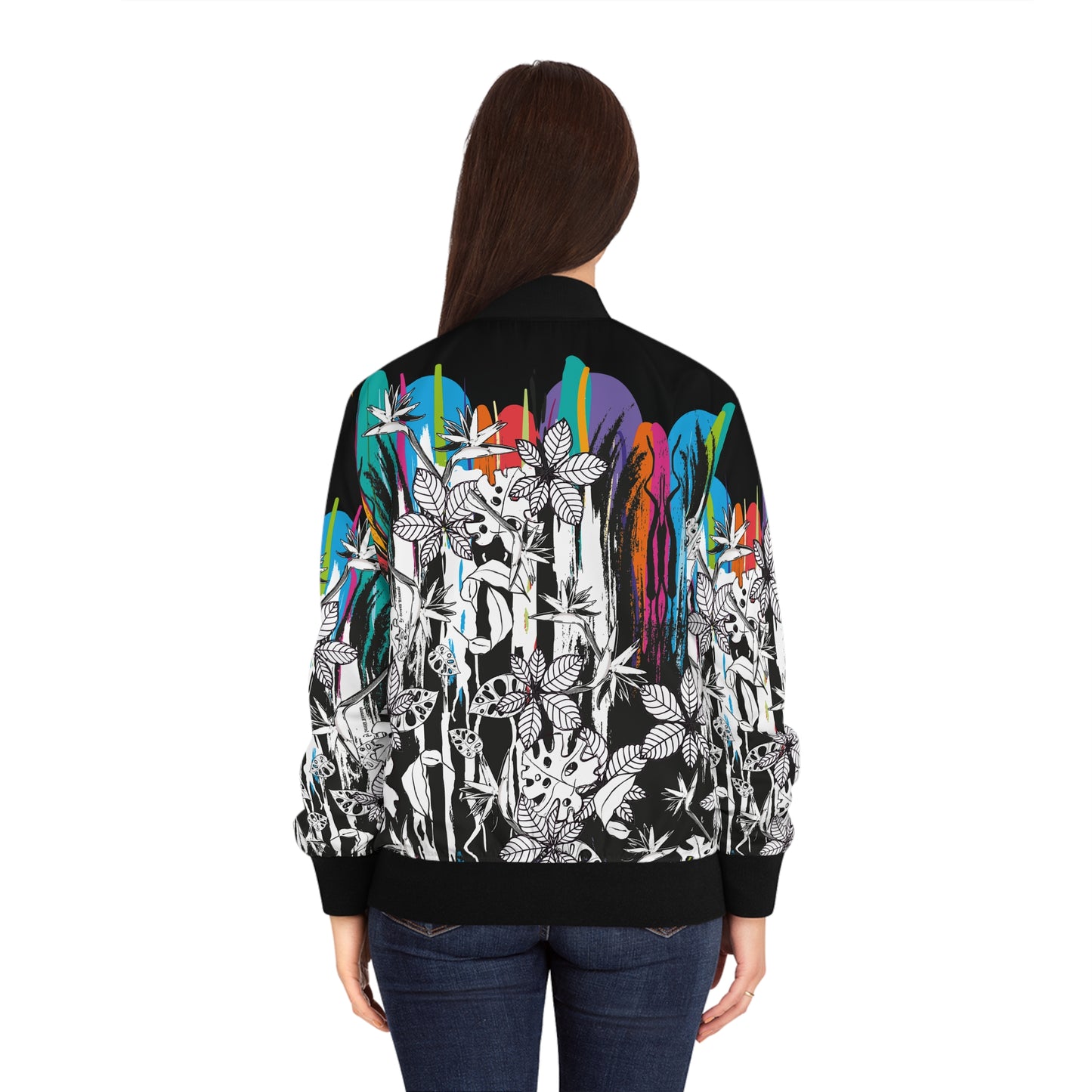 Floral Splash Bomber Jacket — Blue & Yellow All-Over Print