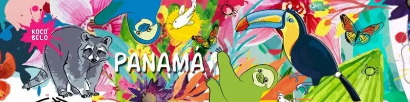 Ilustración de Serena: mapache, perezoso, tucán, mariposas y flores alrededor de la palabra Panamá