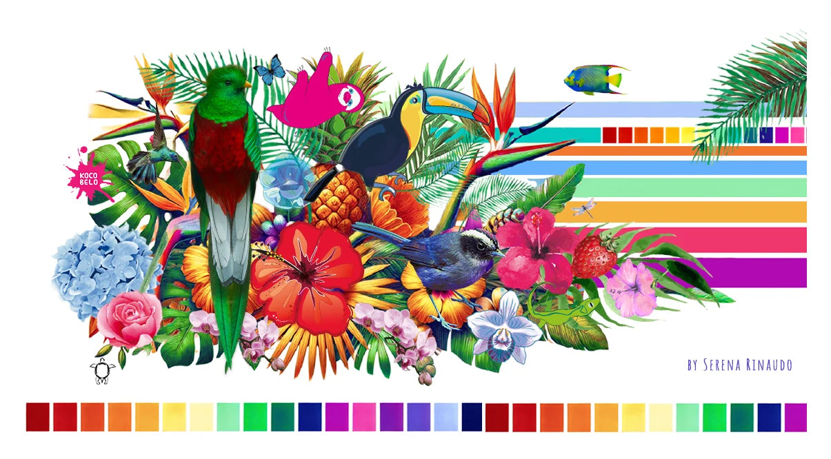 Ilustración de Serena Rinaudo: quetzal, tucán, perezoso, colibrí, piña, hibiscos y orquídeas, con su paleta de colores en franjas