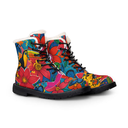 prueba_Floral Toucan Fur-Lined Leather Boots — Colorful Tropical Winter Boots for Women