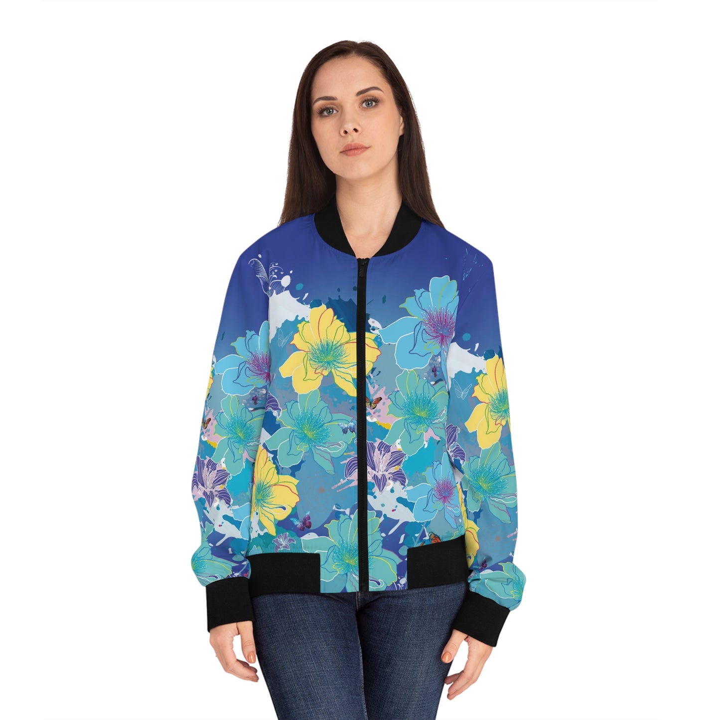 Floral Splash Bomber Jacket — Blue & Yellow All-Over Print