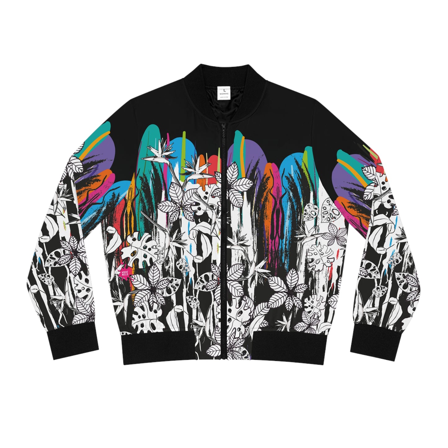 Floral Splash Bomber Jacket — Blue & Yellow All-Over Print
