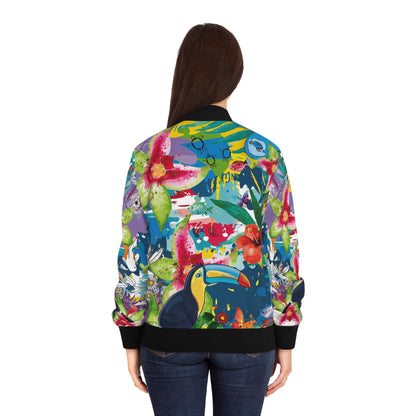 Tropical Toucan & Frog Bomber Jacket — Women's Bright Floral AOP