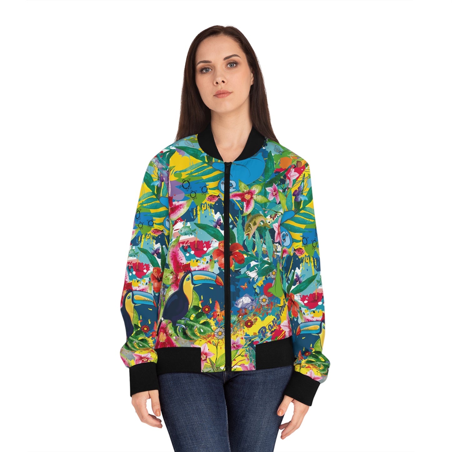 Tropical Toucan & Frog Bomber Jacket — Women's Bright Floral AOP