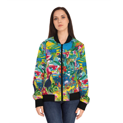 Tropical Toucan & Frog Bomber Jacket — Women's Bright Floral AOP
