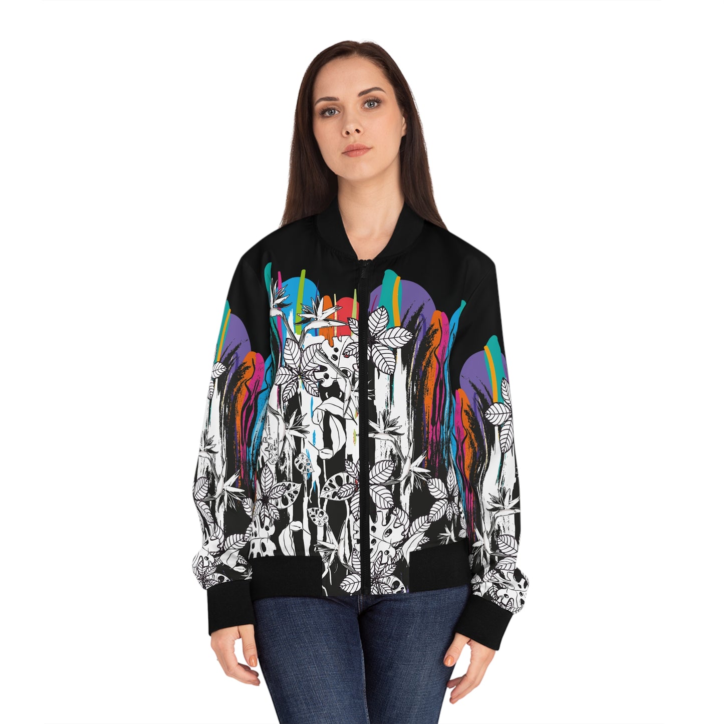 Floral Splash Bomber Jacket — Blue & Yellow All-Over Print