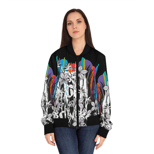 Floral Splash Bomber Jacket — Blue & Yellow All-Over Print