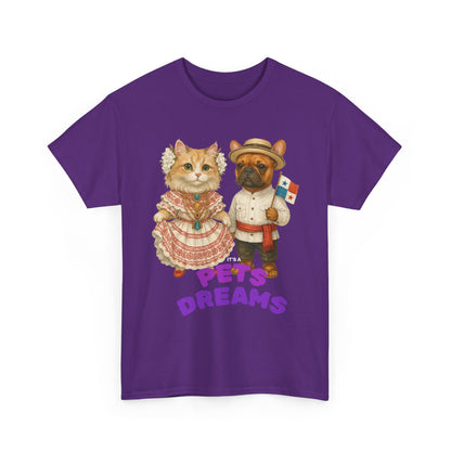 T-Shirt — "Pets Dreams" Vintage Cat & Dog Graphic Tee (Cute French-Themed Pet Couple)