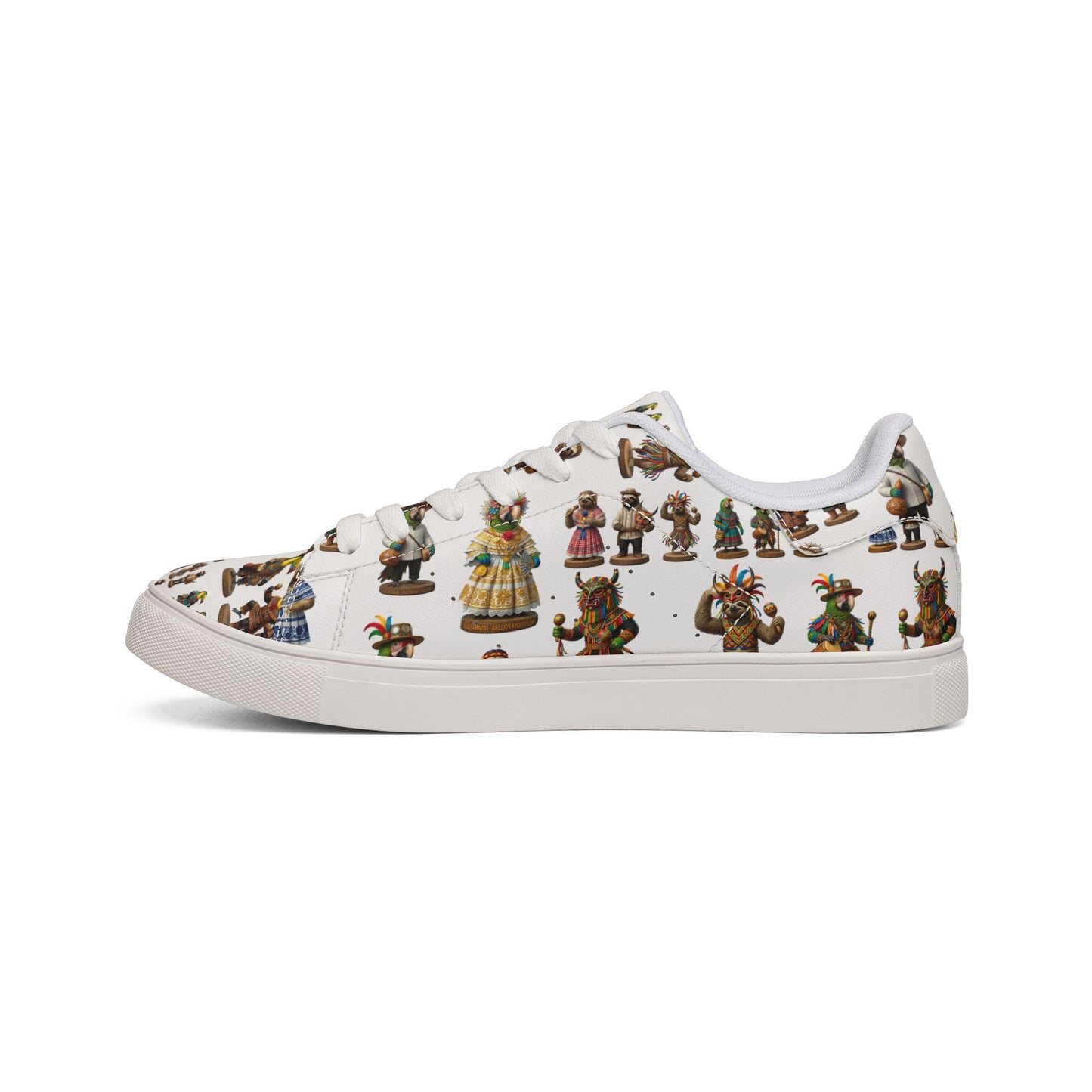 Leather Sneakers — Vintage Figurine Pattern Men's Low-Top Shoes