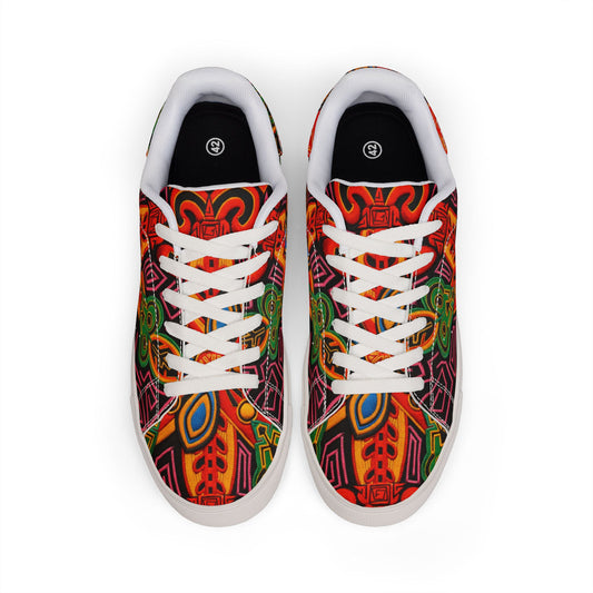 Men's Leather Sneakers — Colorful Tribal Mask Low-Top Design