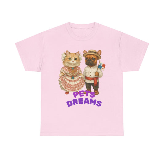 T-Shirt — "Pets Dreams" Vintage Cat & Dog Graphic Tee (Cute French-Themed Pet Couple)