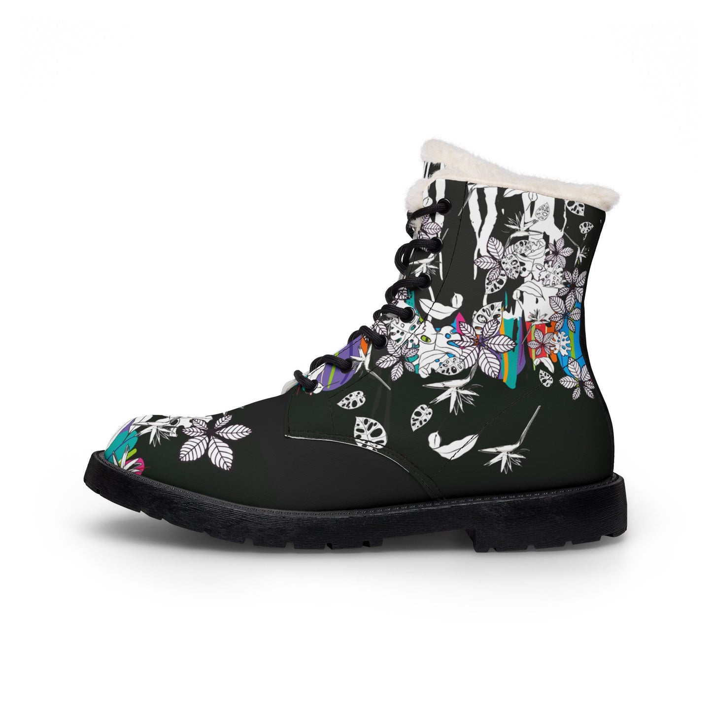 Men's Fur-Lined Leather Boots — Black Floral Skull Print, Cozy Winter Combat Style