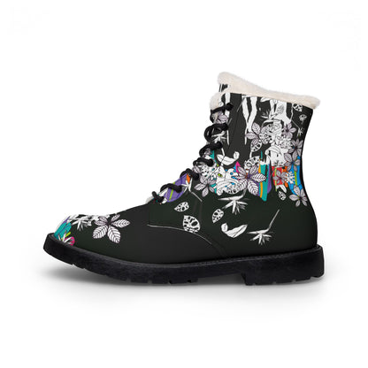 Men's Fur-Lined Leather Boots — Black Floral Skull Print, Cozy Winter Combat Style
