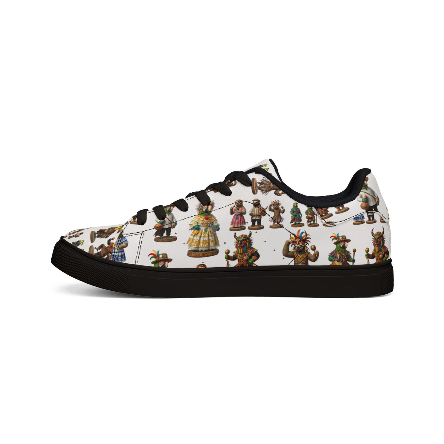 Leather Sneakers — Vintage Figurine Pattern Men's Low-Top Shoes