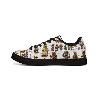 Leather Sneakers — Vintage Figurine Pattern Men's Low-Top Shoes