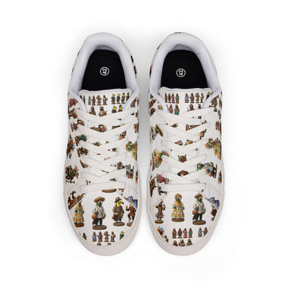 Leather Sneakers — Vintage Figurine Pattern Men's Low-Top Shoes