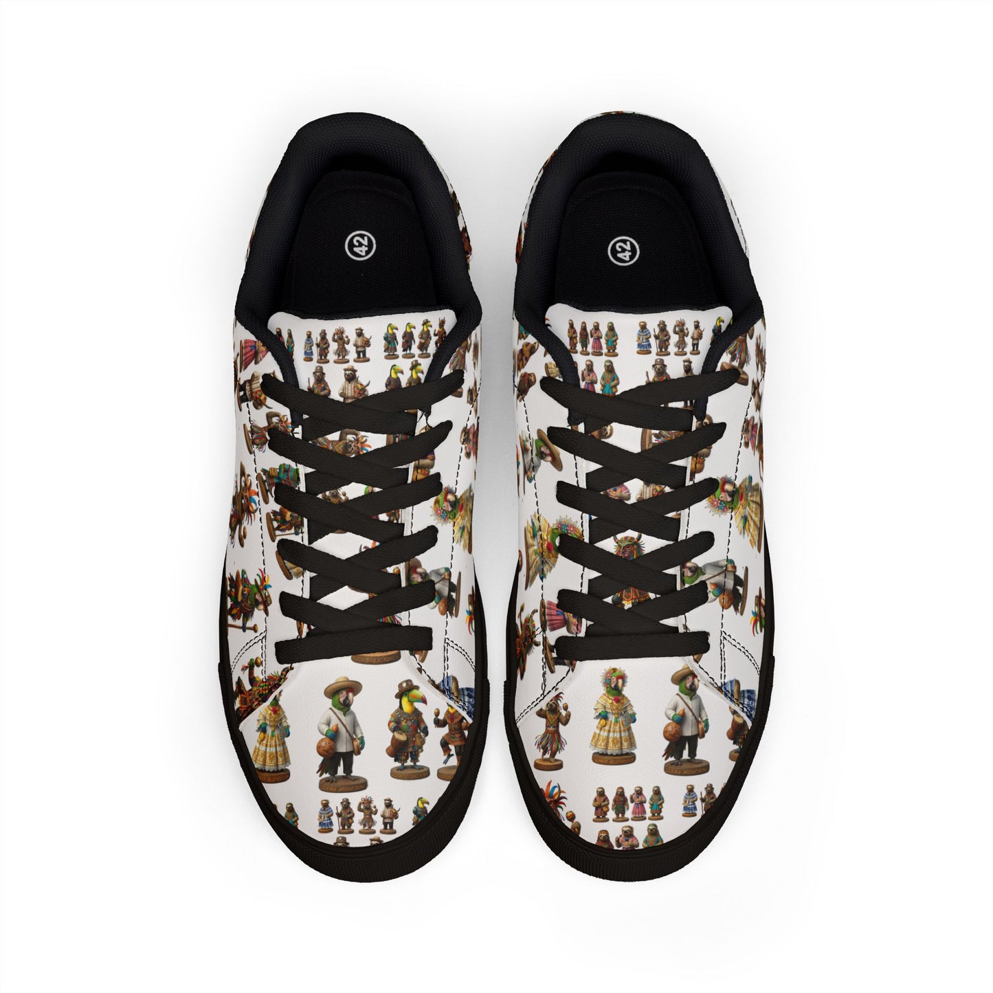 Leather Sneakers — Vintage Figurine Pattern Men's Low-Top Shoes