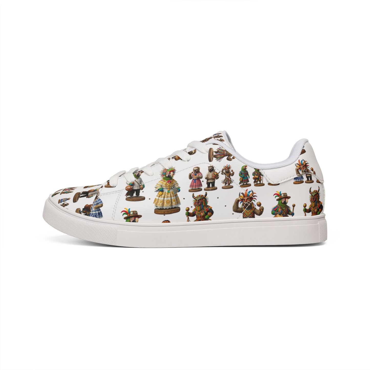 Leather Sneakers — Vintage Figurine Pattern Men's Low-Top Shoes