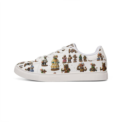 Leather Sneakers — Vintage Figurine Pattern Men's Low-Top Shoes