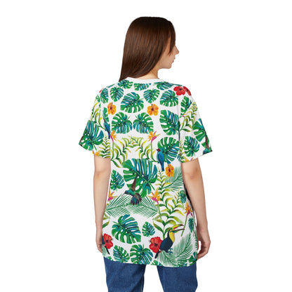 T-shirt unisexe coupé et cousu Tropical Paradise - Imprimé floral vibrant pour les escapades estivales 