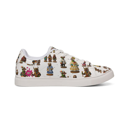 Leather Sneakers — Vintage Figurine Pattern Men's Low-Top Shoes
