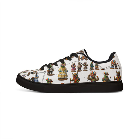 Leather Sneakers — Vintage Figurine Pattern Men's Low-Top Shoes