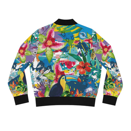Tropical Toucan & Frog Bomber Jacket — Women's Bright Floral AOP