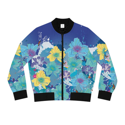 Floral Splash Bomber Jacket — Blue & Yellow All-Over Print