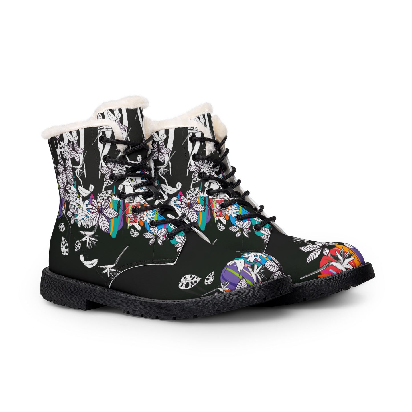 Men's Fur-Lined Leather Boots — Black Floral Skull Print, Cozy Winter Combat Style