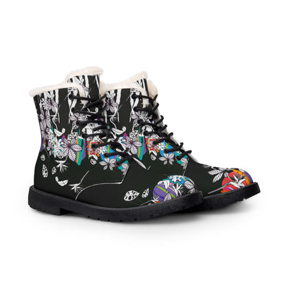 Men's Fur-Lined Leather Boots — Black Floral Skull Print, Cozy Winter Combat Style