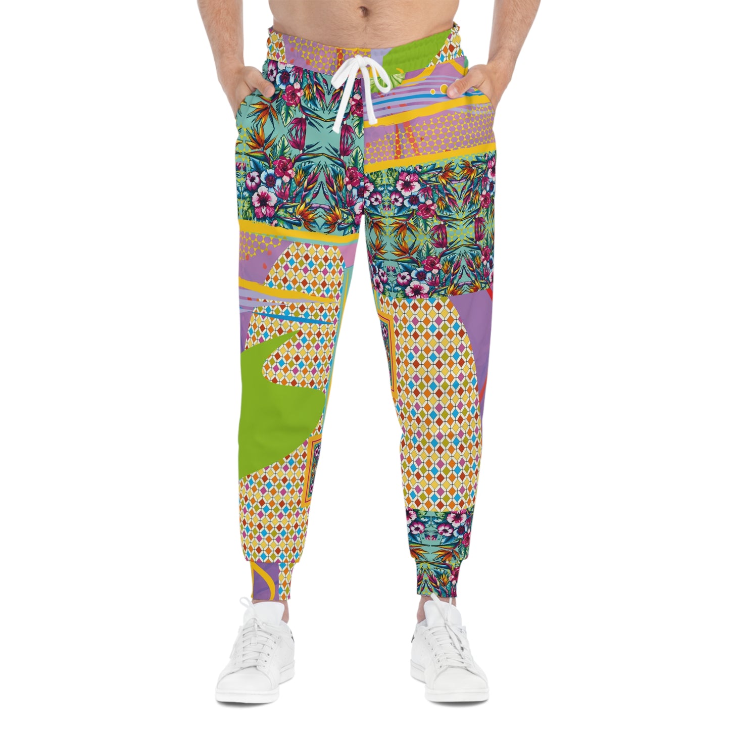 Patchwork Floral Athletic Joggers — Colorful All-Over Print Sweatpants