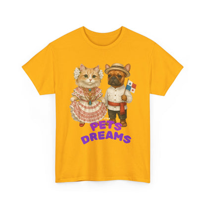 T-Shirt — "Pets Dreams" Vintage Cat & Dog Graphic Tee (Cute French-Themed Pet Couple)