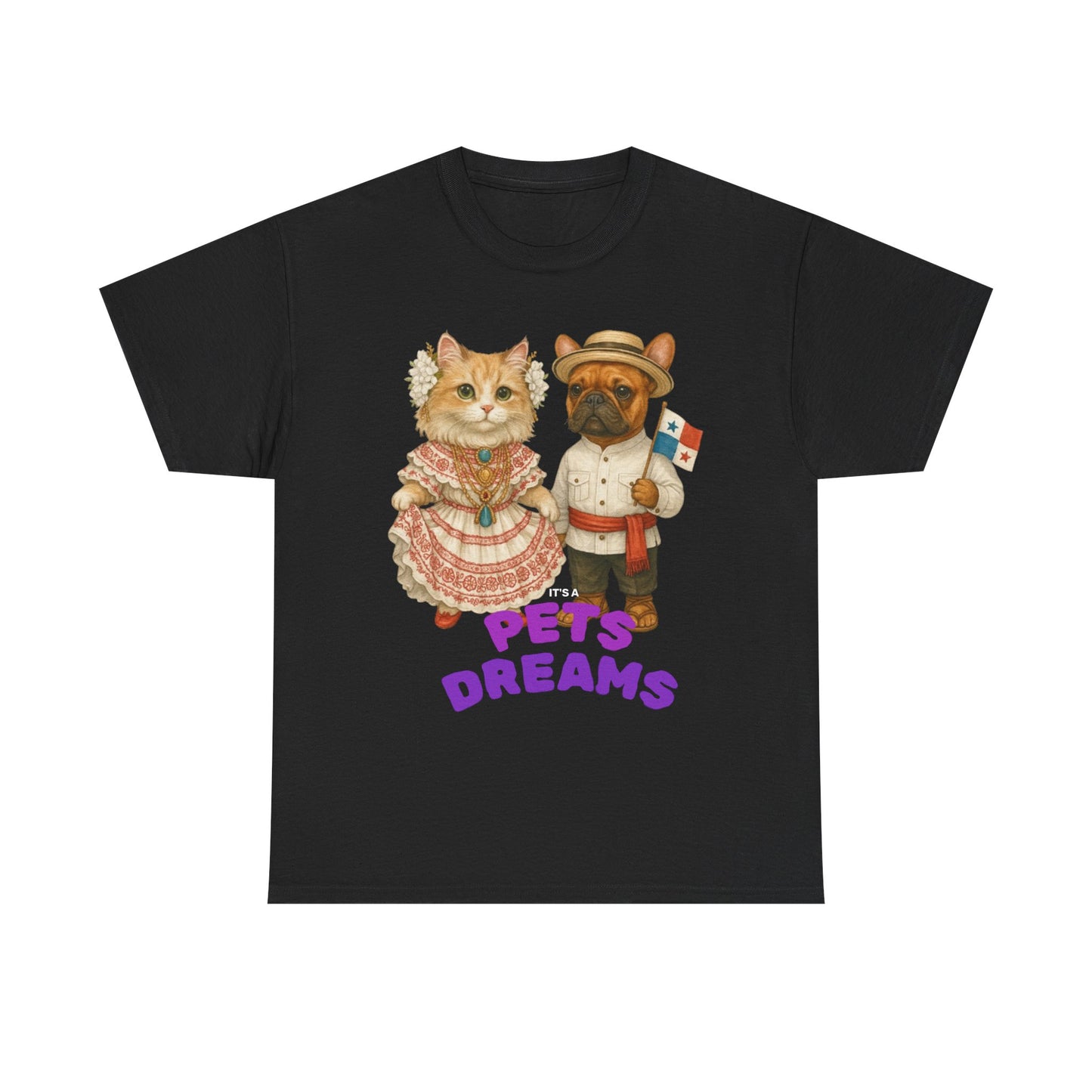 T-Shirt — "Pets Dreams" Vintage Cat & Dog Graphic Tee (Cute French-Themed Pet Couple)