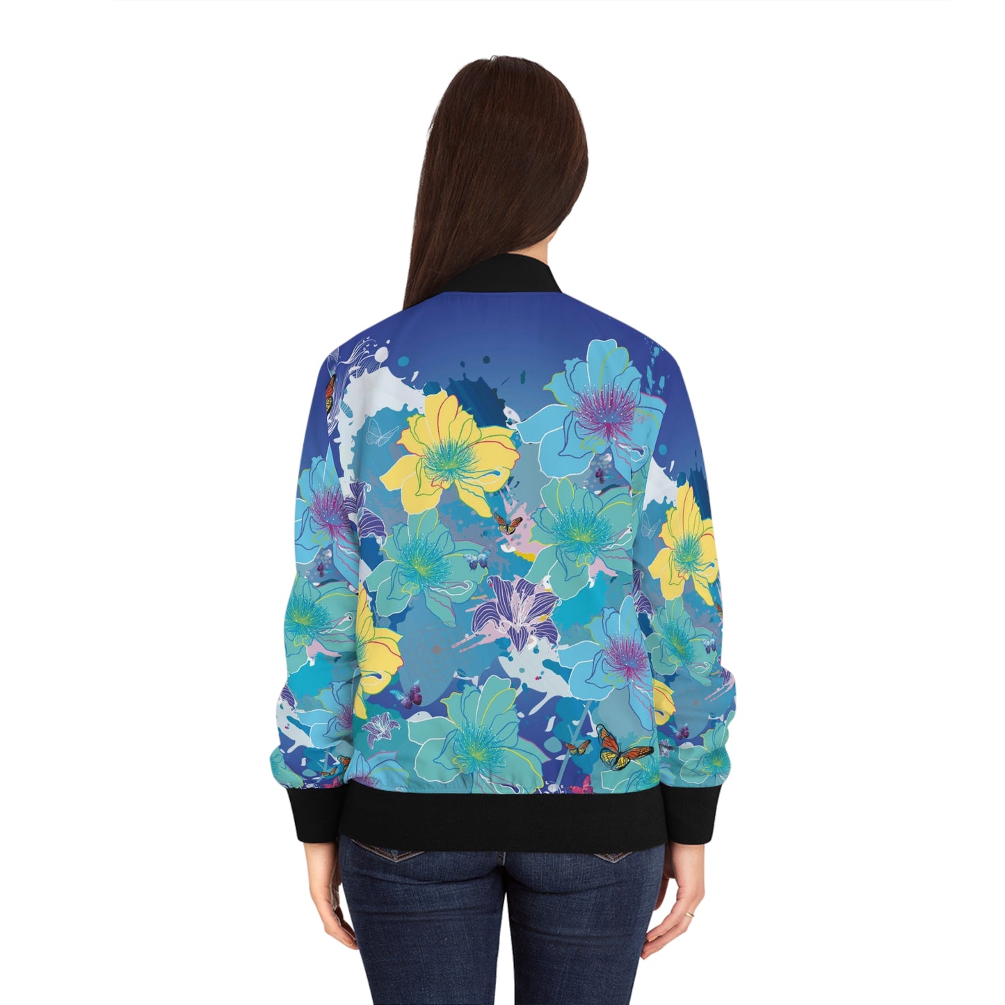 Floral Splash Bomber Jacket — Blue & Yellow All-Over Print
