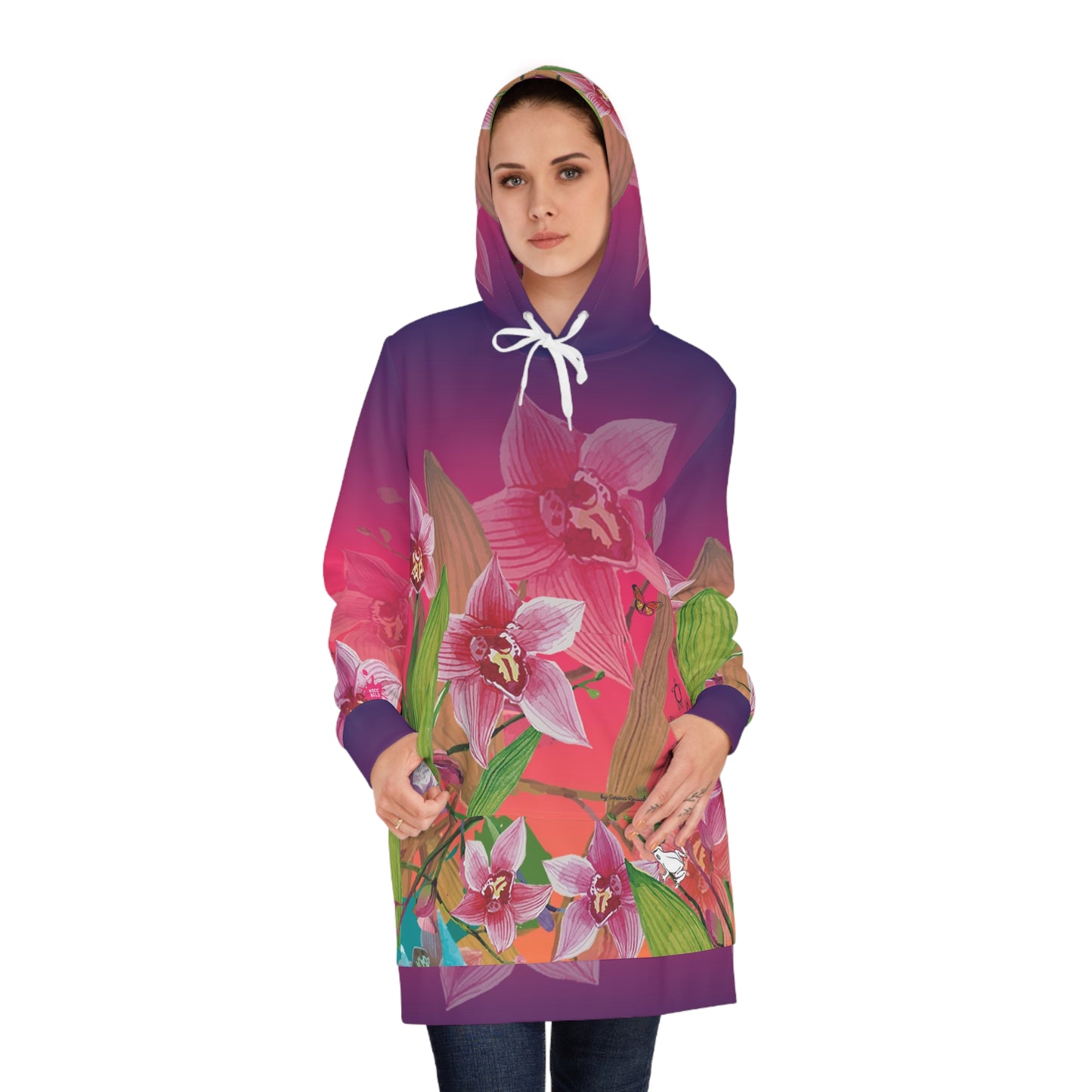 Robe à capuche pour femme Orquideas | Design botanique dynamique pour un confort décontracté 