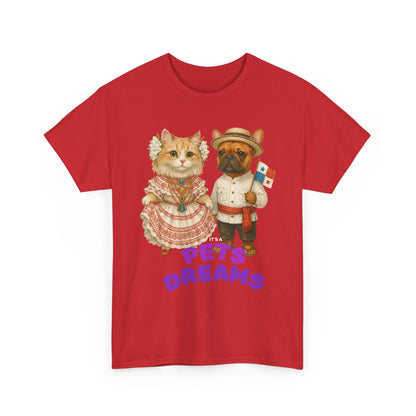 T-Shirt — "Pets Dreams" Vintage Cat & Dog Graphic Tee (Cute French-Themed Pet Couple)