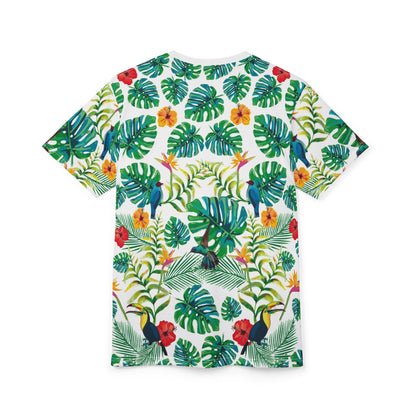 T-shirt unisexe coupé et cousu Tropical Paradise - Imprimé floral vibrant pour les escapades estivales 