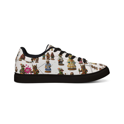 Leather Sneakers — Vintage Figurine Pattern Men's Low-Top Shoes