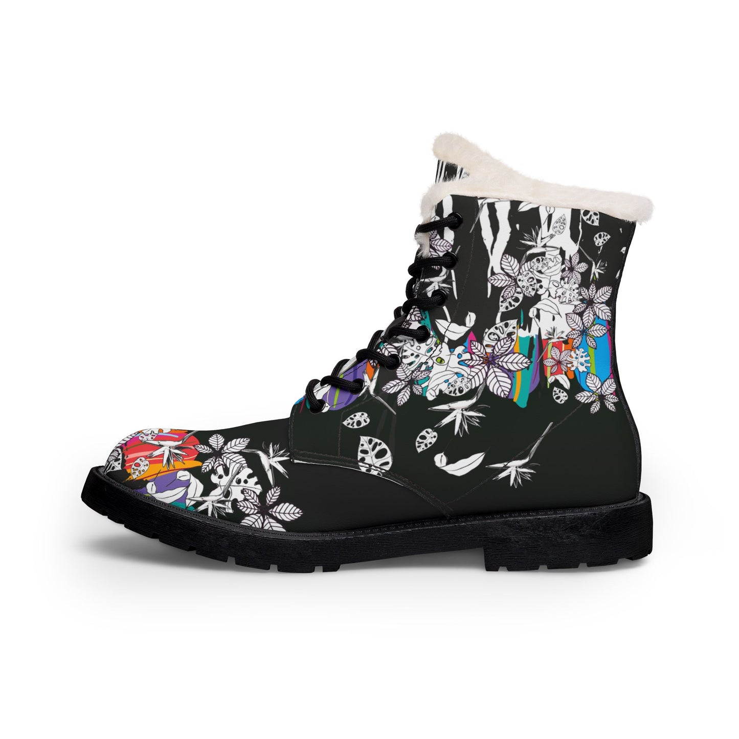 Men's Fur-Lined Leather Boots — Black Floral Skull Print, Cozy Winter Combat Style