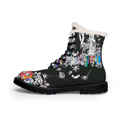 Men's Fur-Lined Leather Boots — Black Floral Skull Print, Cozy Winter Combat Style