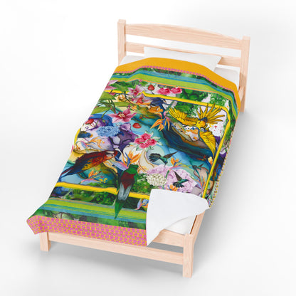 Couverture en peluche en velours PARAISO of Tropical Vibrance - Motifs floraux et oiseaux douillets 