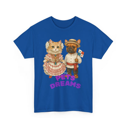 T-Shirt — "Pets Dreams" Vintage Cat & Dog Graphic Tee (Cute French-Themed Pet Couple)