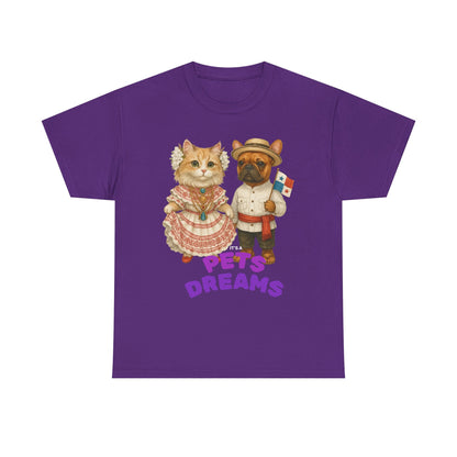 T-Shirt — "Pets Dreams" Vintage Cat & Dog Graphic Tee (Cute French-Themed Pet Couple)