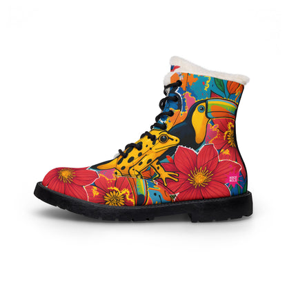 prueba_Floral Toucan Fur-Lined Leather Boots — Colorful Tropical Winter Boots for Women