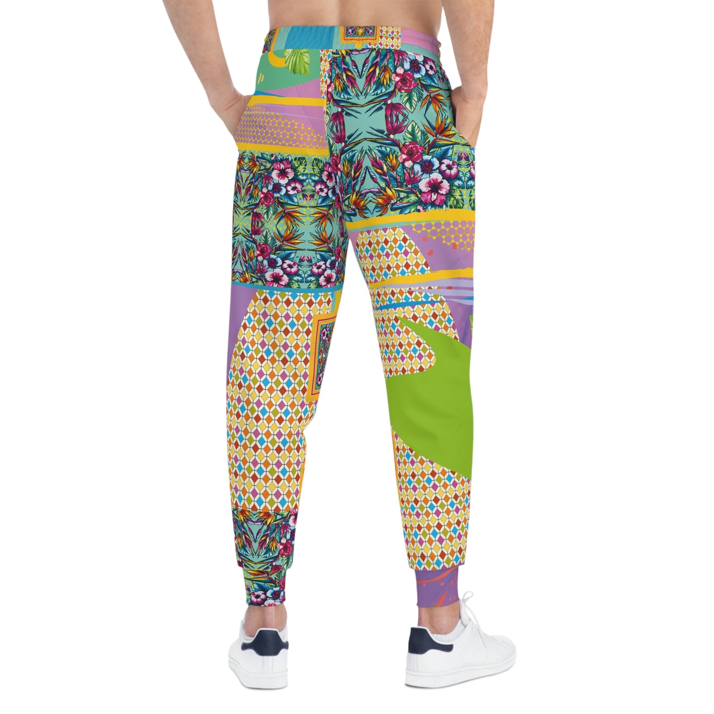 Patchwork Floral Athletic Joggers — Colorful All-Over Print Sweatpants