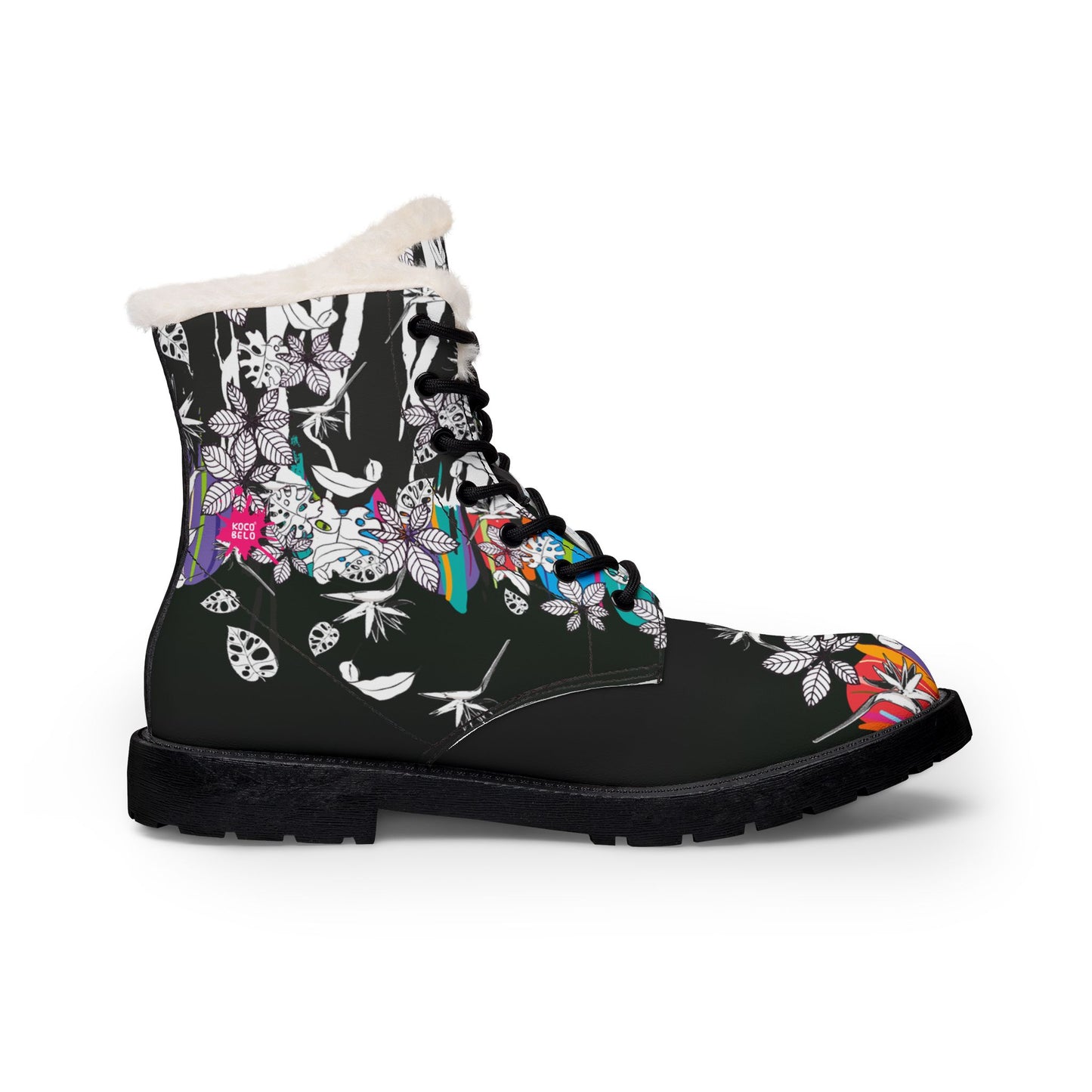 Men's Fur-Lined Leather Boots — Black Floral Skull Print, Cozy Winter Combat Style