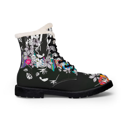 Men's Fur-Lined Leather Boots — Black Floral Skull Print, Cozy Winter Combat Style