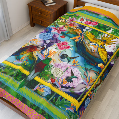 Couverture en peluche en velours PARAISO of Tropical Vibrance - Motifs floraux et oiseaux douillets 