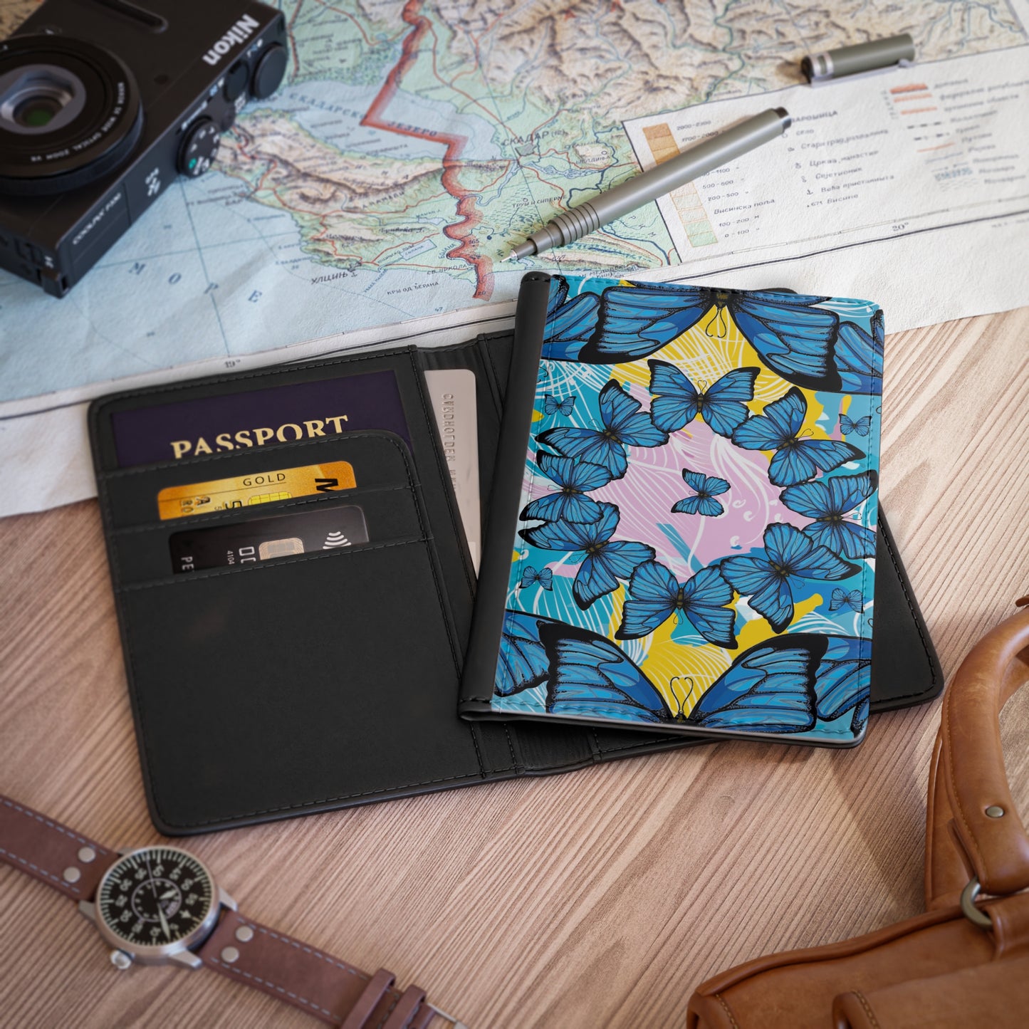 Butterfly Kaleidoscope Passport Cover — Blue Floral Travel Protector